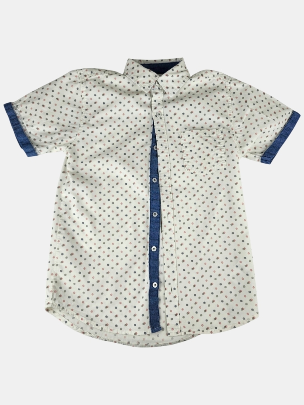 Ben Sherman White Short Sleeve Button-Down with Blue Trim and Multi Dot Print